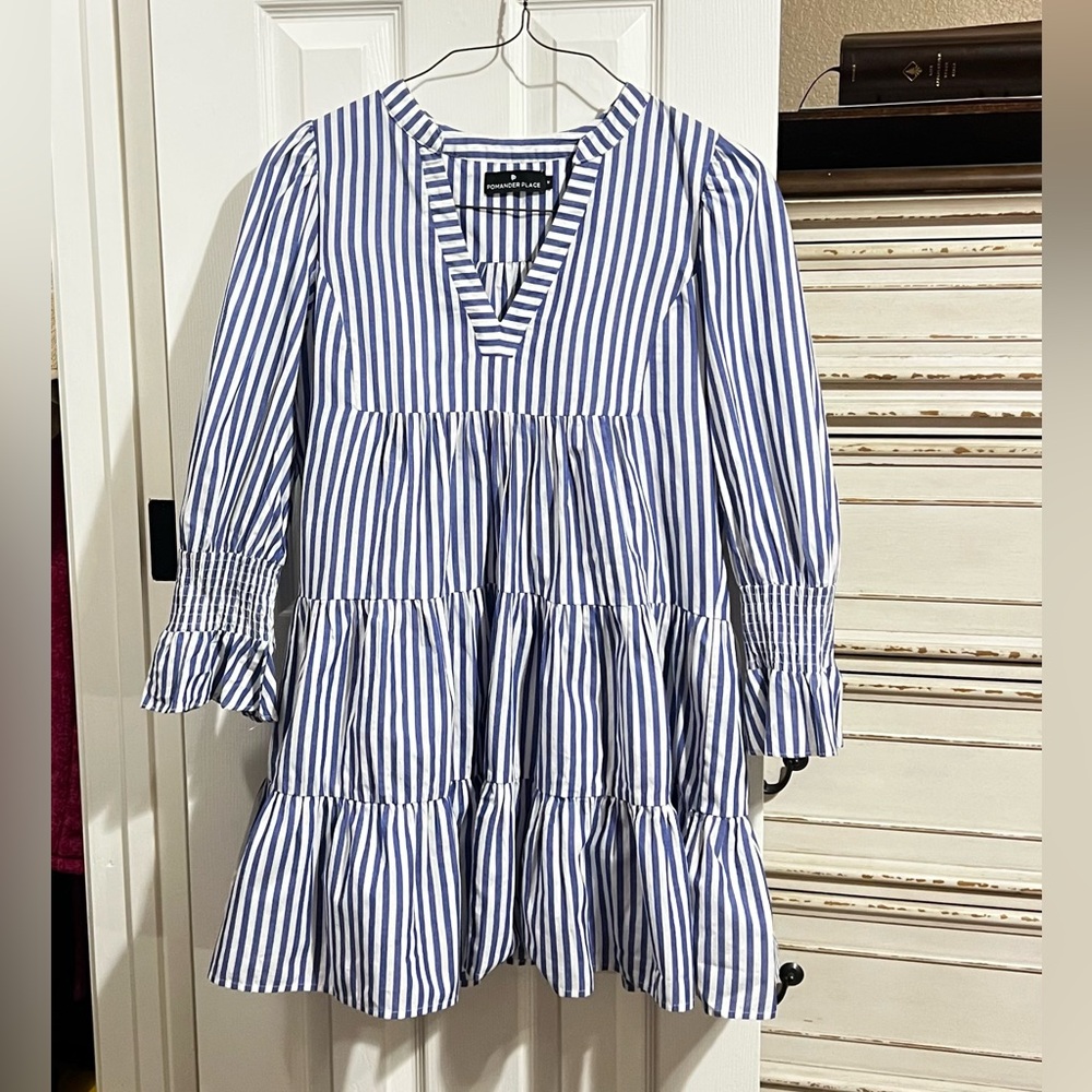Pomander Place Blue and White Stripe Cotton Poplin Kenzo Dress Size Medium